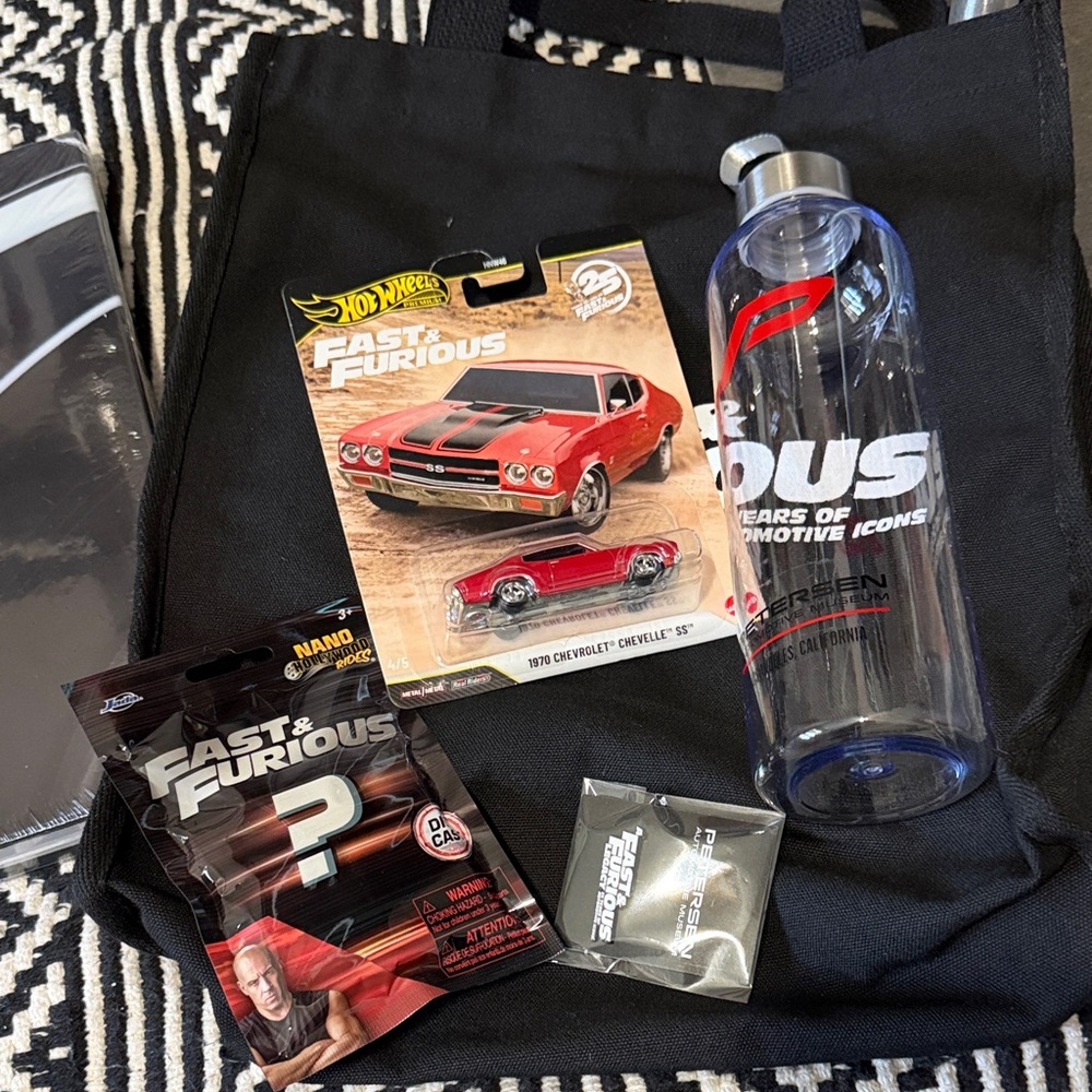 Fast & furious Black Tote Bag with Blue Water Bottle and Red Die-Cast Car